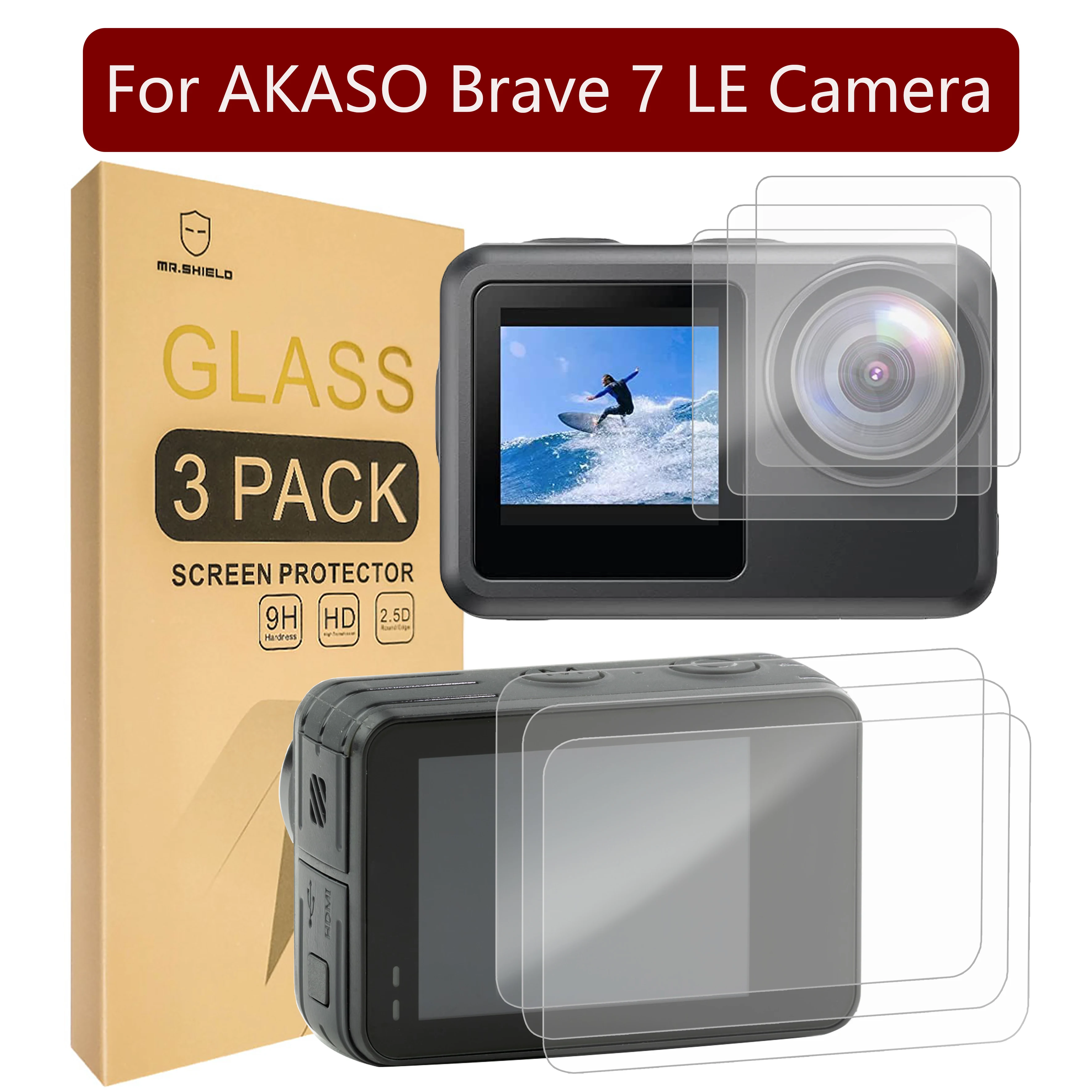 Mr.Shield Screen Protector compatible with AKASO Brave 7 LE Camera [ 3+3PCS] [Front+Back] [Tempered Glass] [9H Hardness]