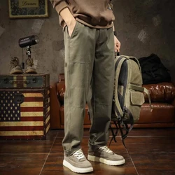 Spring Autumn Trousers Straight Cargo Men's Clothing Solid Color Elastic Pockets High Waisted Preppy Style Gothic Cropped Pants