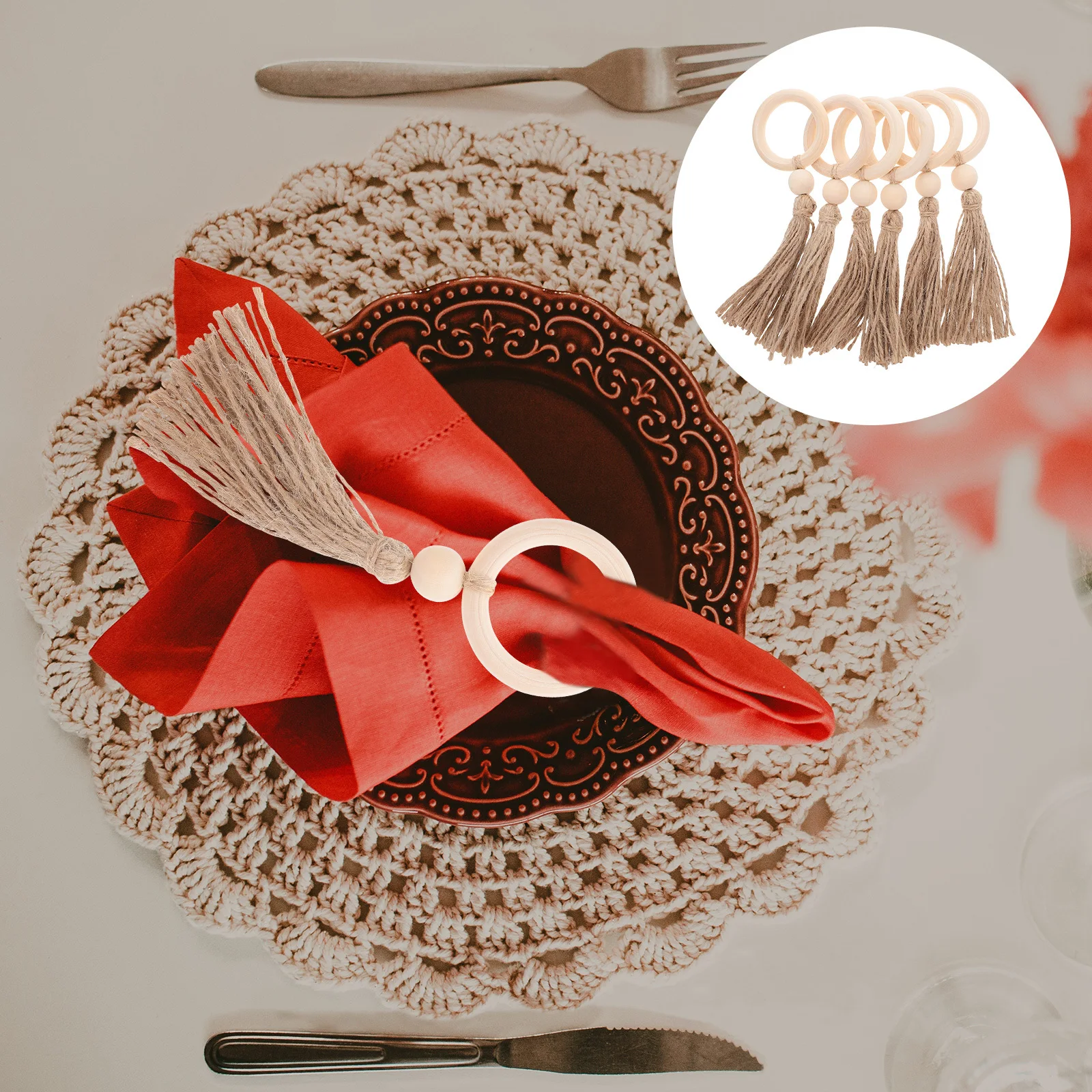 

6Pcs Farmhouse Wood Bead Napkin Rings Tassel Rustic Table Decor Party Wedding Banquet Seasonal Holiday Serviette Holders