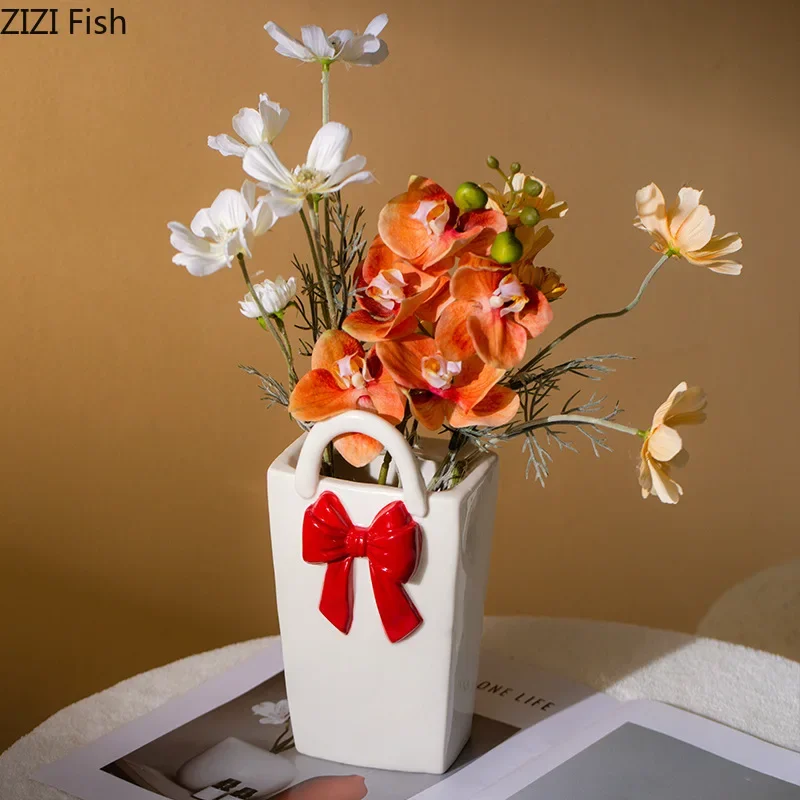 

Lovely Bowknot Handbag Decorative Ceramic Vase Plant Pots Table Decoration Flowers Arrangement Flower Vases Room Aesthetic Decor