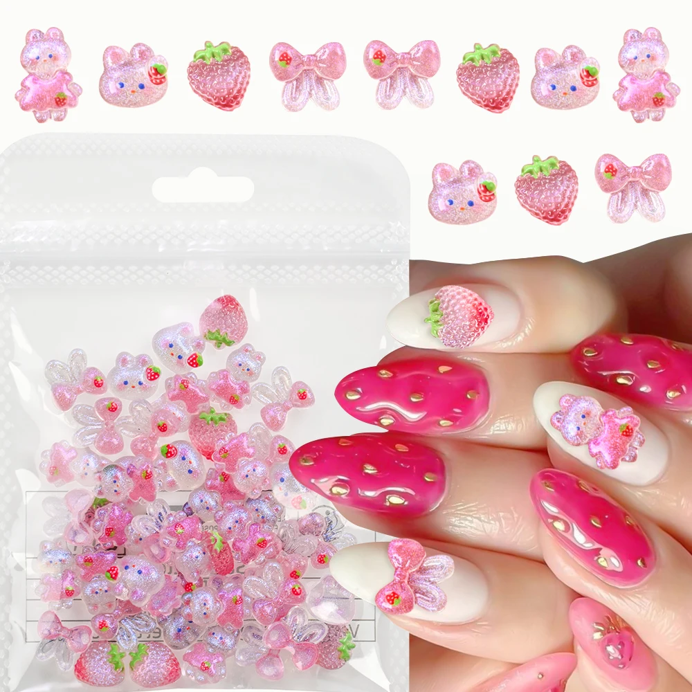 50pcs 3D Kawaii Rabbit Nail Art Charms Supplies Cute Pink Aurora Bow Rabbit Strawberry DIY Manicure Decor Nail Decoration Parts