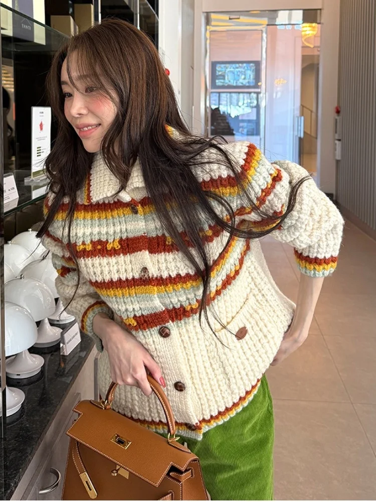 

Thiened Knitted Cardigan Women's Autumn Winter Outerwear Soft Versatile Sweater Retro Heavyweight Weave Coat with ...