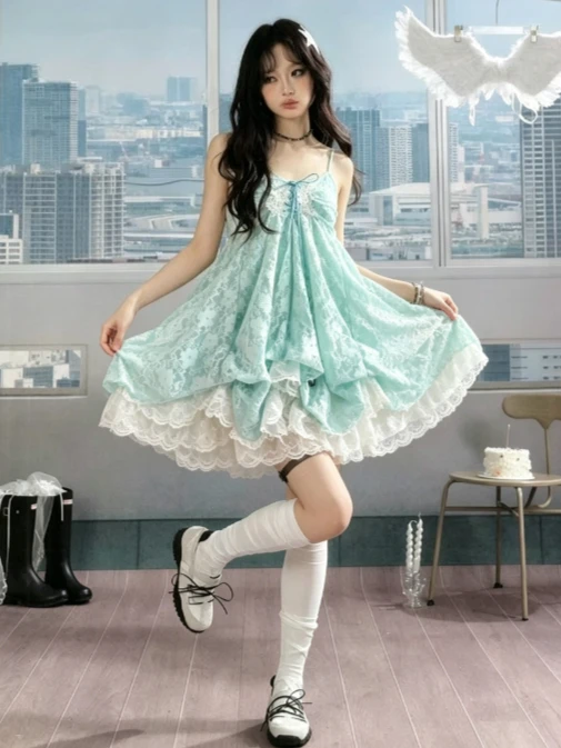 

Японское винтажное платье в стиле кавайи Лолита для женщин, милое кружевное платье с бантом и оборками, платье-тортик в стиле Харадзюку Y2K, облегающее платье с завязками, лето 2026