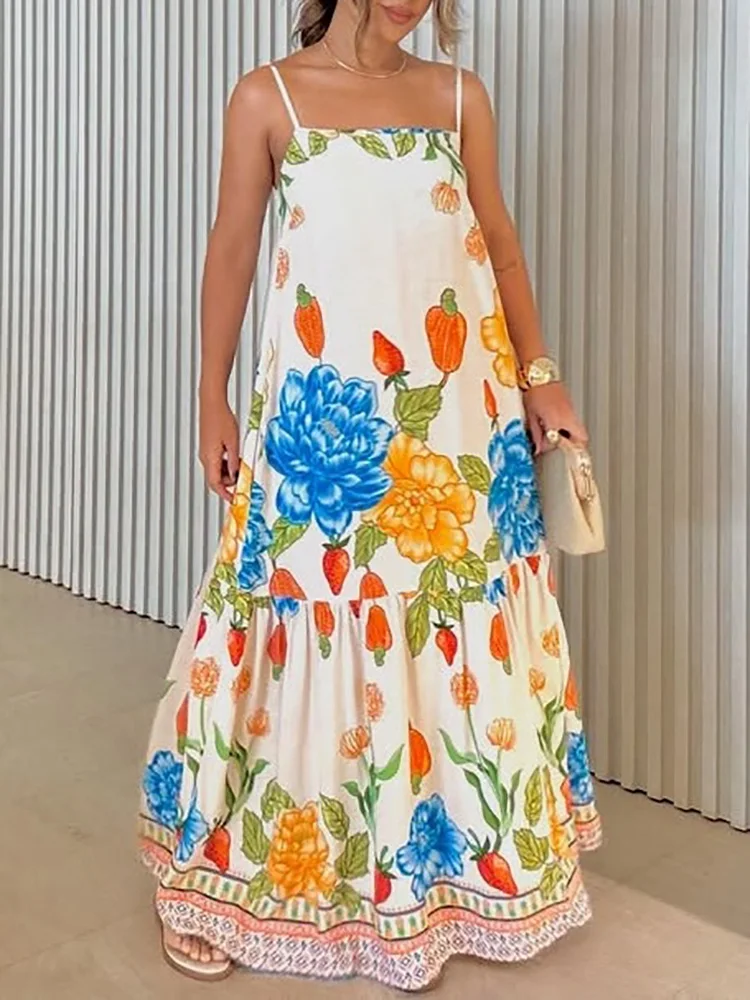 Vestido de fiesta elegante con tirantes finos para mujer, vestido largo con estampado de almazuela y cuello cuadrado, vestido sencillo sin mangas para mujer 2025