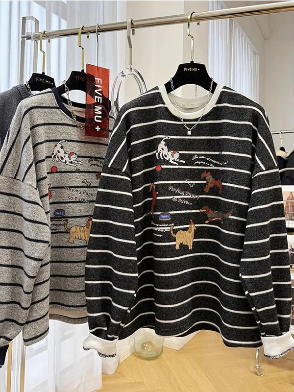 

Свитшот оверсайз 300 Pou в корейском стиле, с начесом, в полоску, с мультяшным принтом, свободный, облегающий, с круглым вырезом, топ