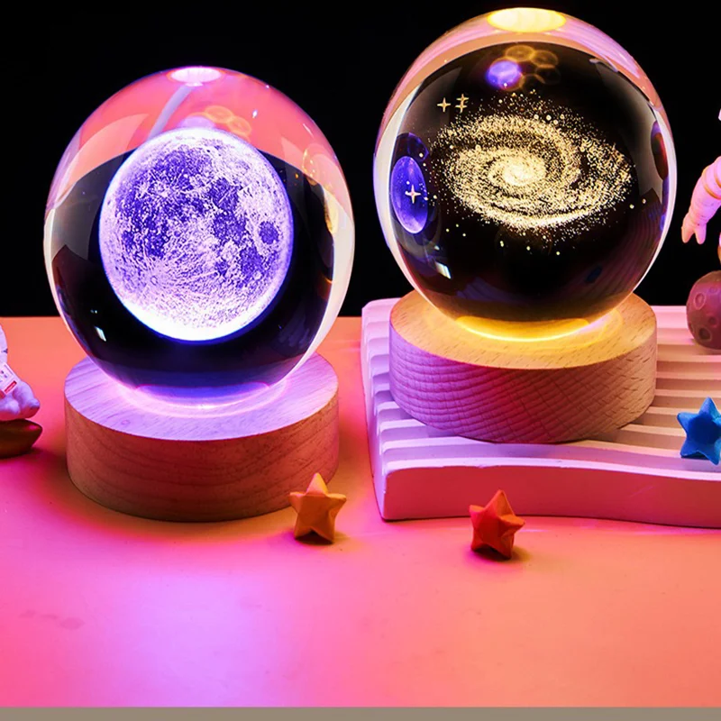 6cm 3D Crystal Ball Colorful Light Warm Light Planet Night Light Laser Carving Solar System Earth Galaxy Cartoon Pattern Gift