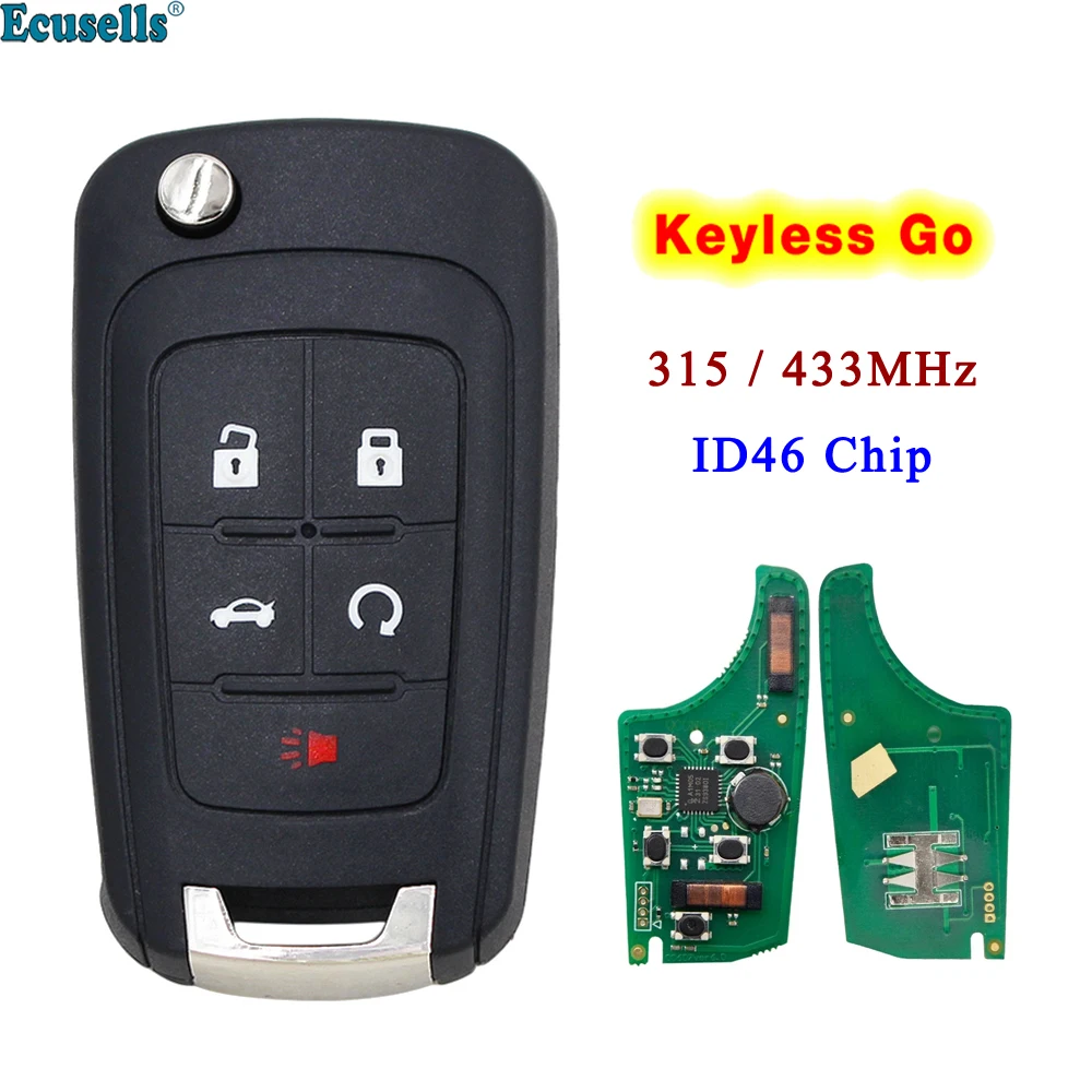 

Ecusells 5 Button Keyless Go Flip Remote Key Fob 433MHz ID46 Chip for Chevrolet Cruze Camaro Equinox Impala Malibu Spark Volt