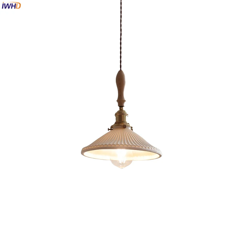 

IWHD White Ceramic LED Pendant Lamp Balcony Restaurant Hallway Bedroom Wood Handle Copper Socket Hanging Lights Iustre Pendente