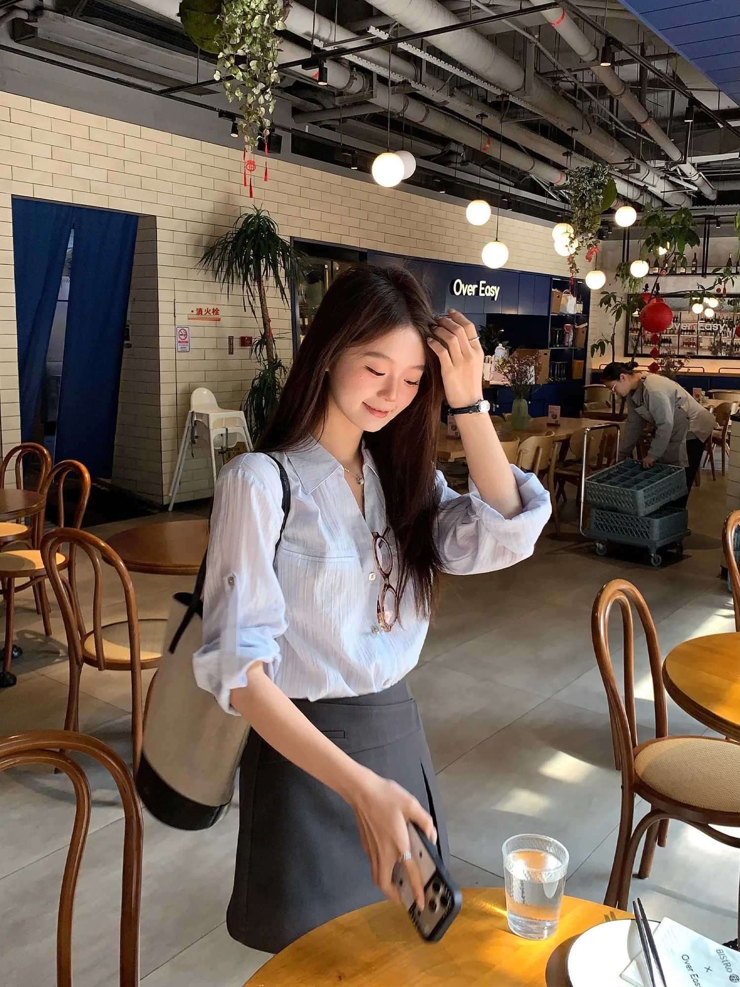 

Elegant Striped Long Sleeve Shirt Commute Design Korean Style Cotton Women's Spring Fashionable Top Small Size Early Spring