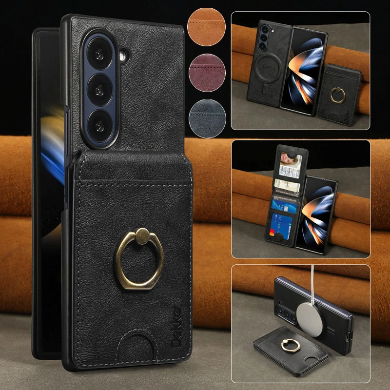 

Fashion Magnetic Phone Case For Samsung Galaxy Z Fold6/Z Fold5/Z Fold 4 With Solid Color Leather Detachable Bracket Card Cover