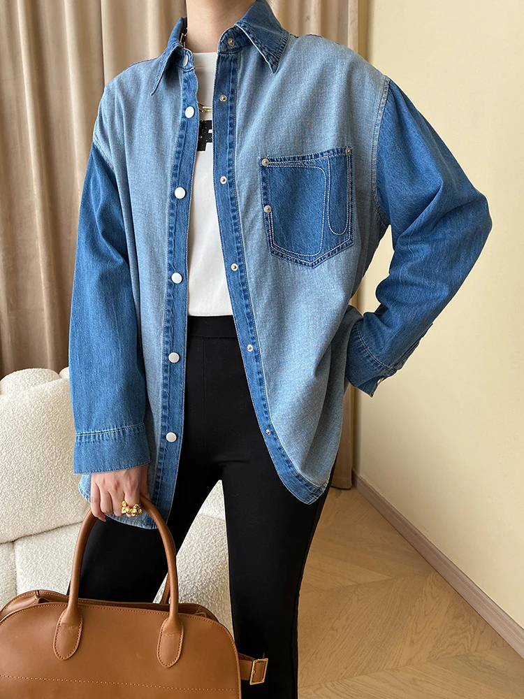 [LANMREM] Fashion Washed Contrast Color Denim Shirt Women Lapel Single Breasted Office Lady Blouses 2024 Autumn New 26C133