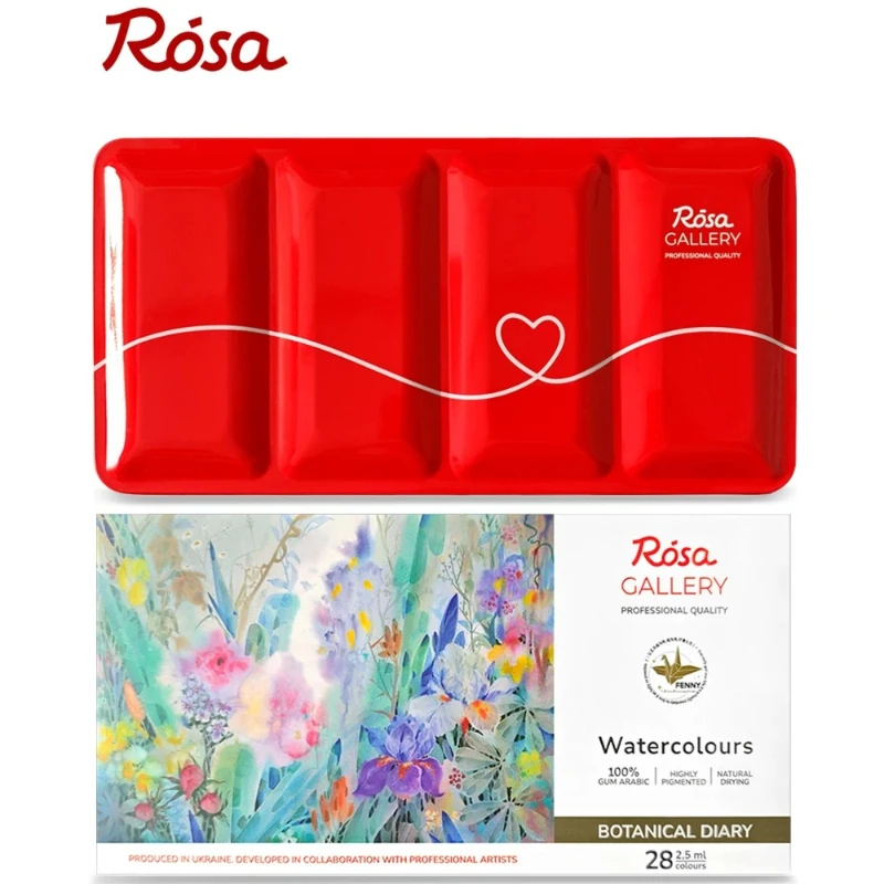 ROSA 28 Color Floral Solid Watercolor Set Red Metal Tin Box Palette Portable Artist Pigment Outdoor Painting Art Supplies