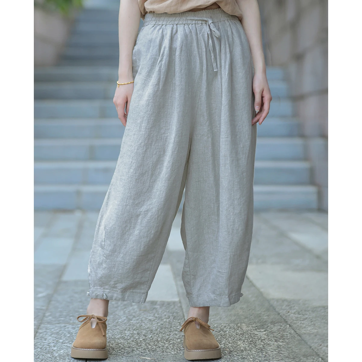 LZJN Spring Autumn Linen Solid Color Cropped Harem Pants They Are Loose Fitting Retro Style Versatile Women's Carrot Cut Pants