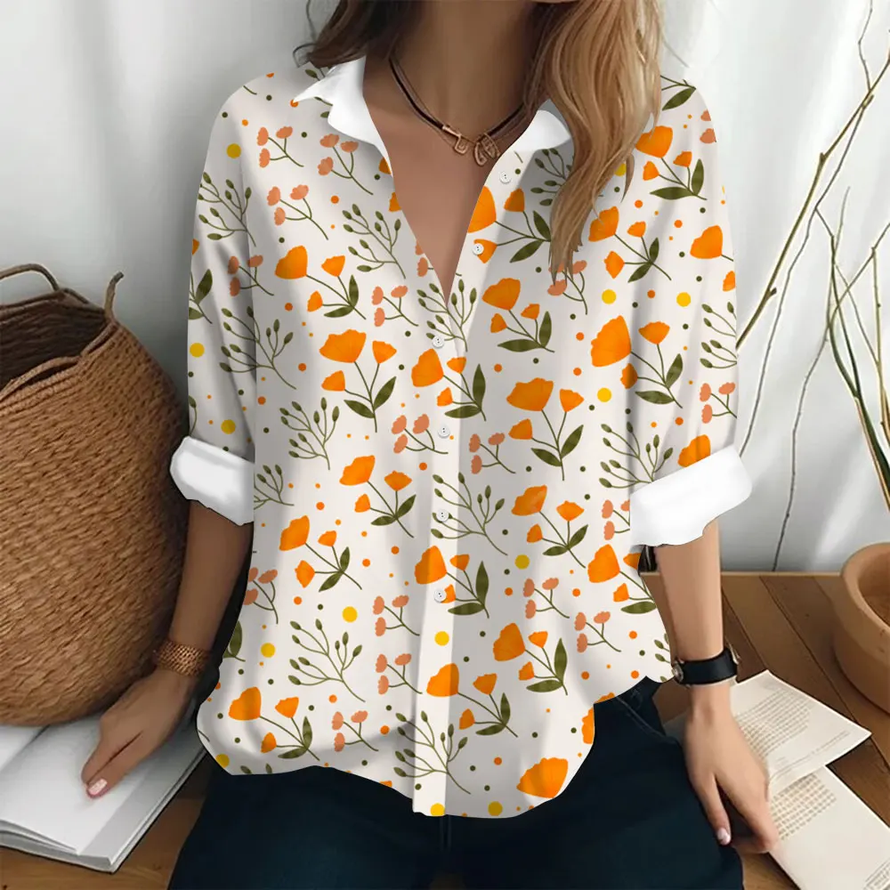 Summer Women\'s Shirt Long Sleeved Lapel Top Flower Pattern Casual Large Button Clothing Elegant and Fashionable Shirt