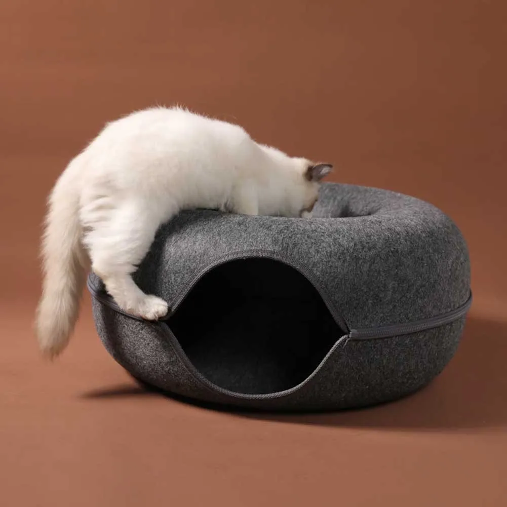 Donut Cat Tunnel Bed Pets House Natural Felt Pet Cat Cave Toys Round Wool Felt Pet Bed For Small Dogs Cat Interactive Play Toys