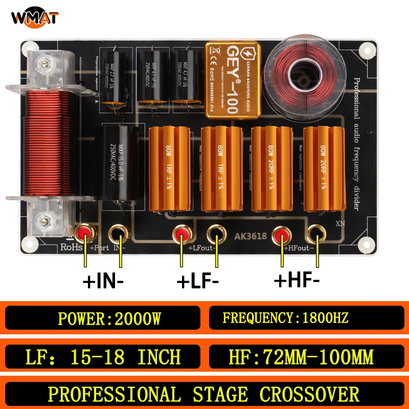 

3618/For High Power 15-18Inch Woofer&72-100 core tweeter Passive 2 way Audio Speaker Crossover 2000W 1800Hz Suitable for stage