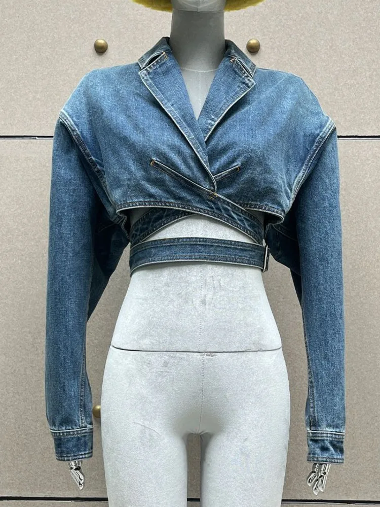 DEAT Women Denim Jackets Notched Collar Long Sleeve Crossed High Waist Spliced Belt Short Coat 2024 Autumn New Fashion 7AB3526