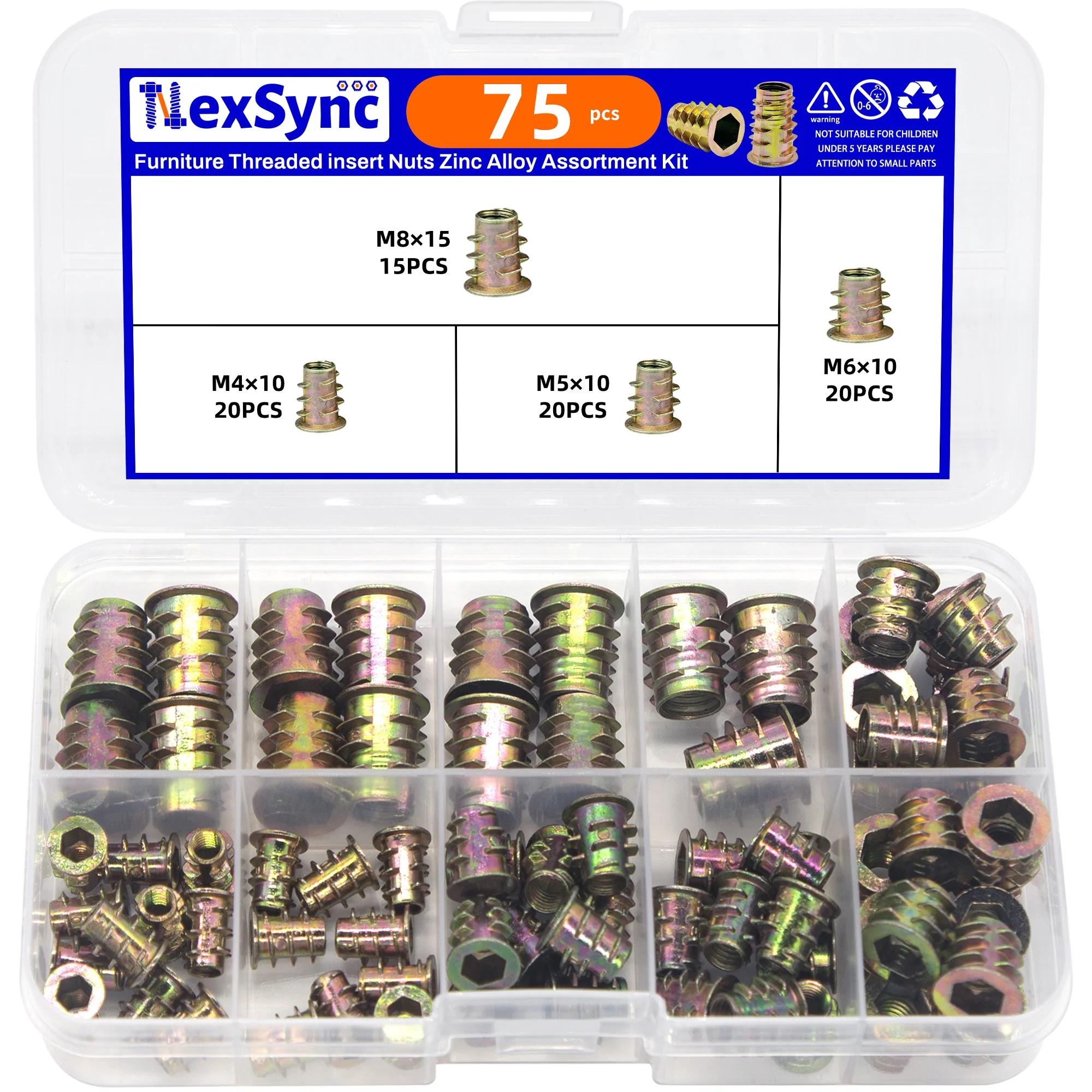 75pcs Furniture Threaded insert Nuts Zinc Alloy Assortment Kit Flanged Hex Drive Head Furniture Nuts selection length 10-15mm