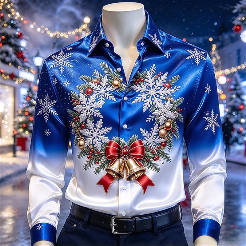 Men’s Long-Sleeve Christmas Button-Down Shirt Featuring A Gradient Print of Bells Wreaths and Snowflakes Festive Party Top