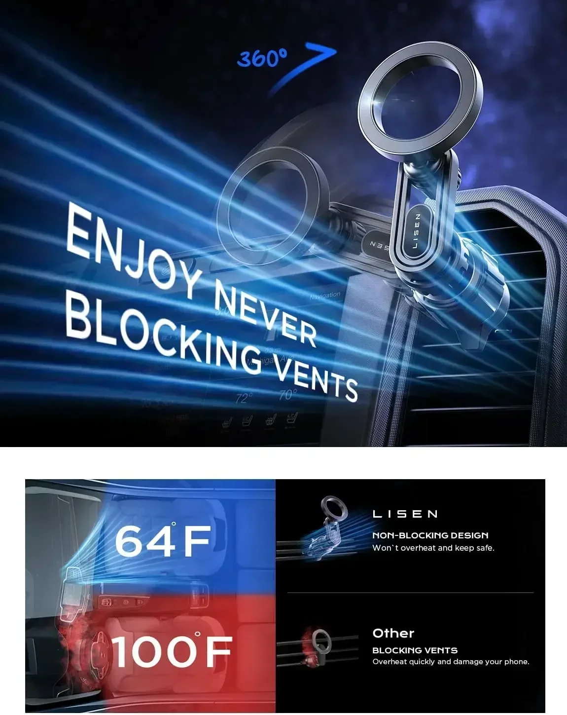 LISEN 2025 Accessori per auto di tendenza Anello magnetico Supporto per auto antigoccia Supporto per telefono cellulare per auto
