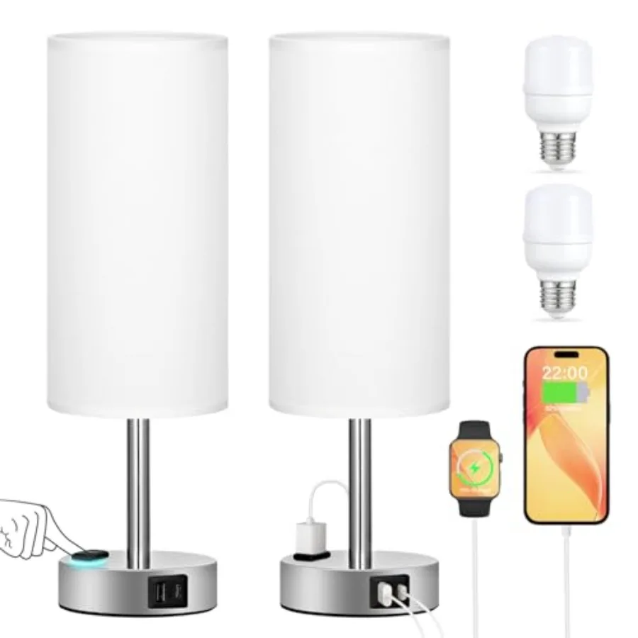 White Touch Nightstand Lamps Set - 3 Way Dimmable Bedside Table Lamp for Bedroom with USB Ports, Small Lamps with AC Outlet for