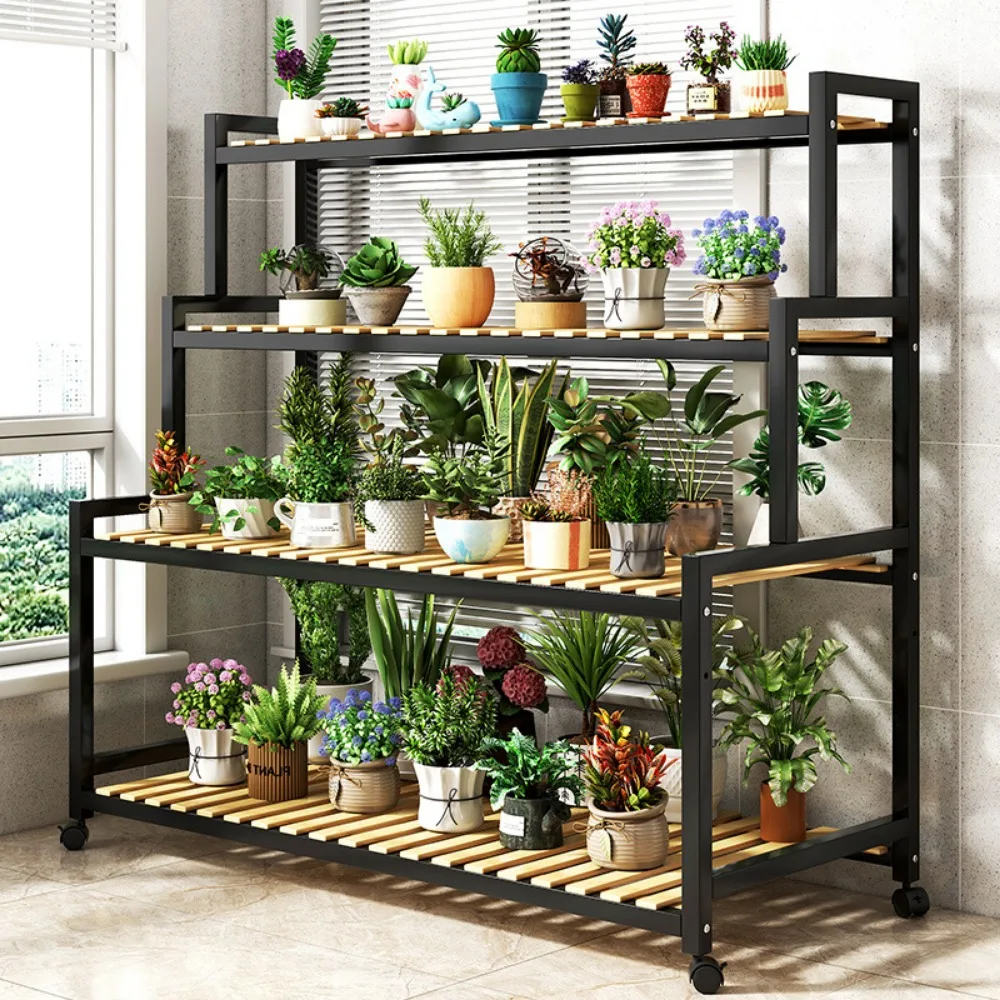 Multi-Layer Flower Rack Indoor And Outdoor Balcony Living Room Shelf With Wheel Floor Standing Storage Racks Metal Plant Stand