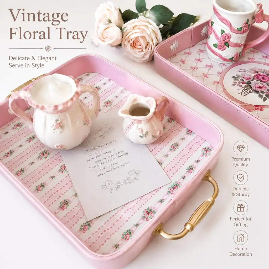 Retro Gold-Handled Rectangular Tea Tray for Serving and Styling