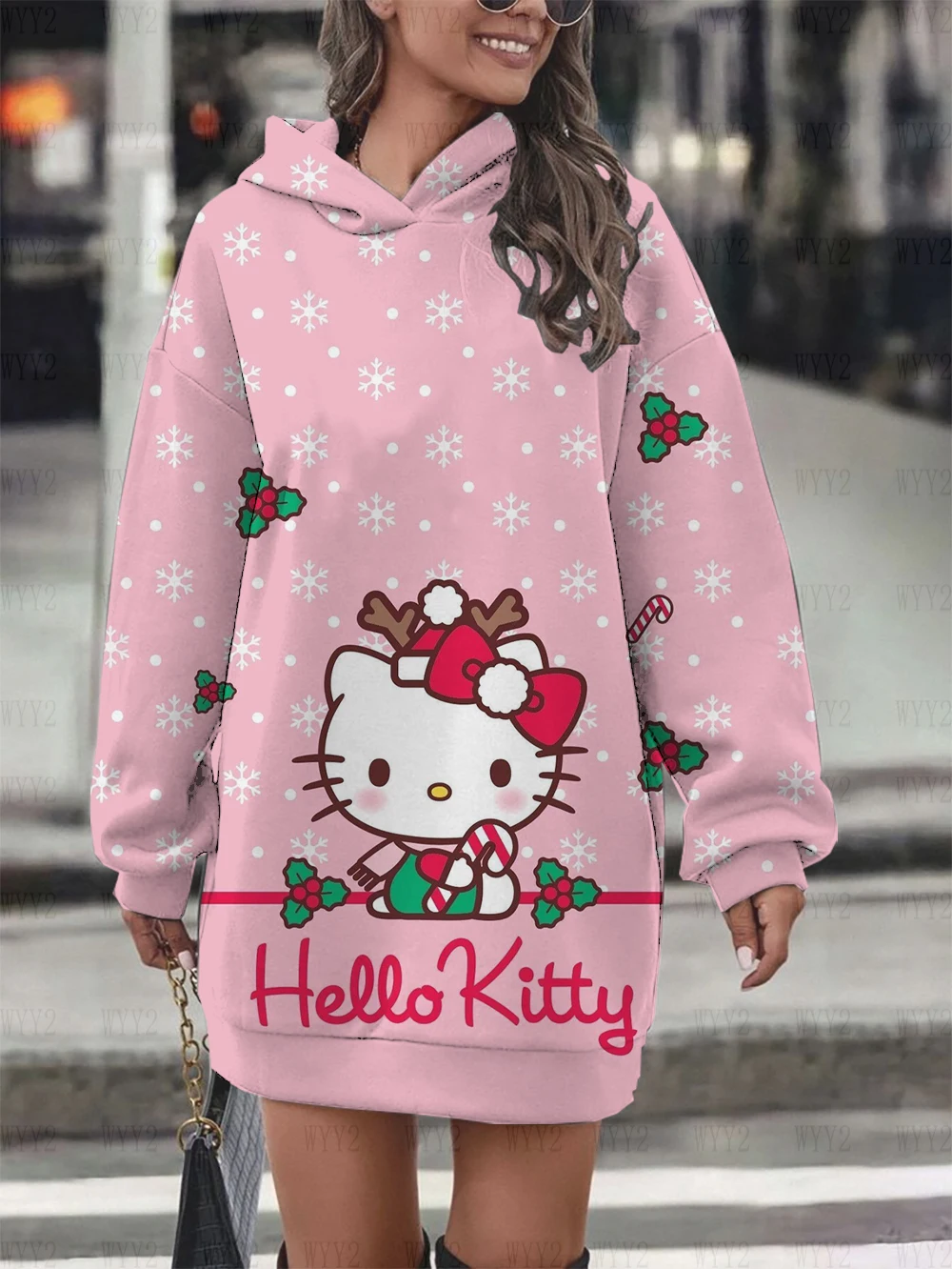 Women\'s Winter Dress Cartoon Sweet Print HelloKitty Long Sleeve Hoodie Dress Fashionable Women\'s Warm Sweater