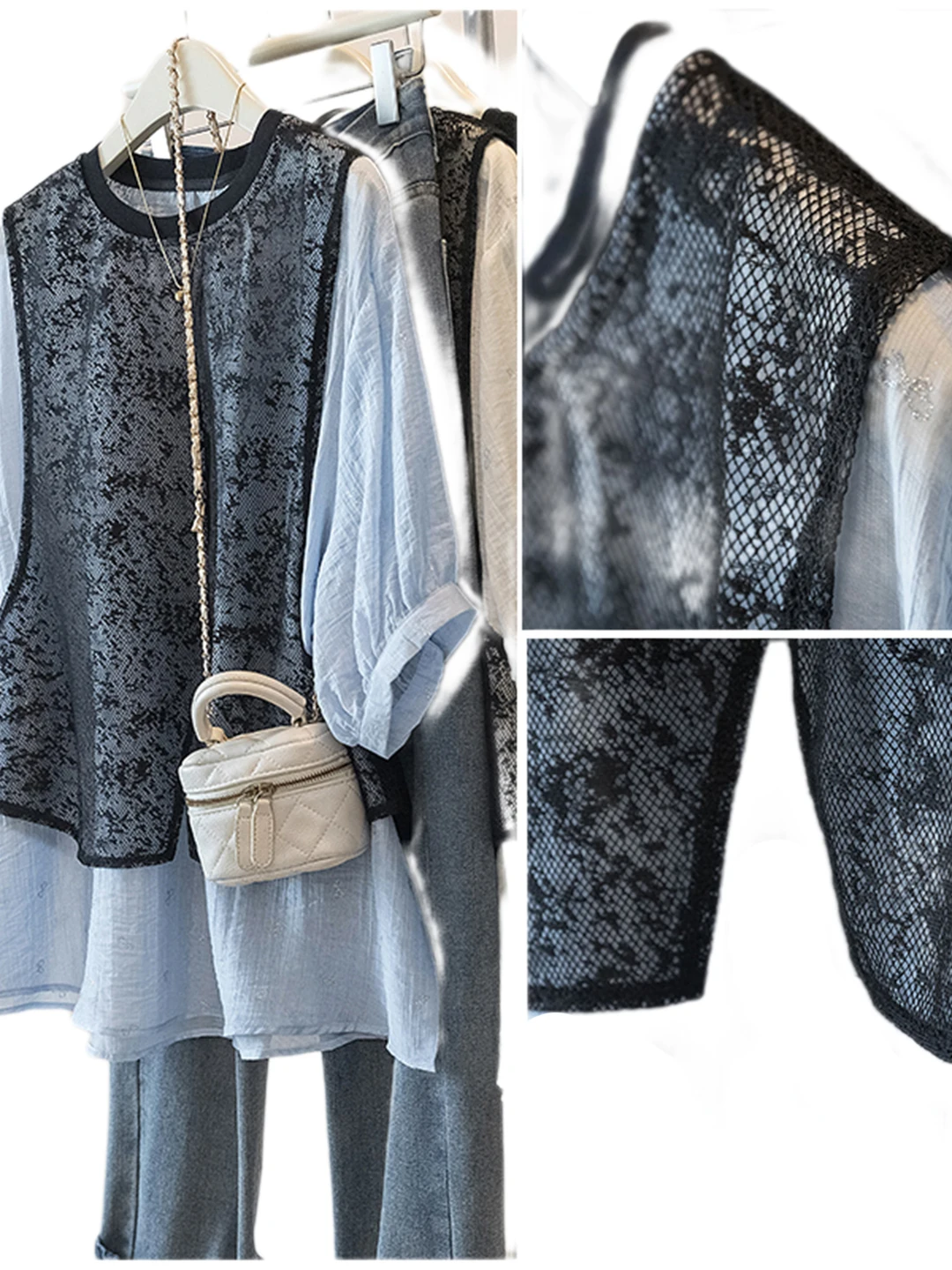 plus Size Lace Insert T-irt Women Summer Loose Belly Covering Slimming Design Sense Fake Two-Piece Top Comfortable Fit roun...