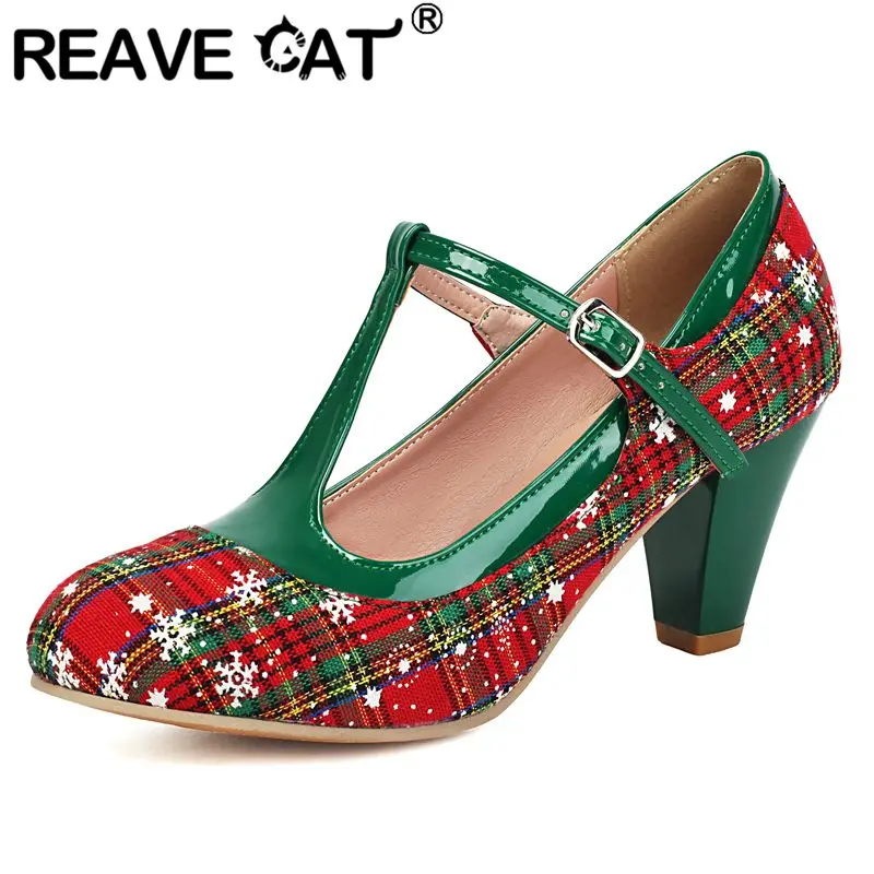 REAVE CAT Red Sweet Pumps for Women Round Toe 7.5cm Block Heels Buckle Strap Mixed Color Plus Size 41 42 43 Party Festival Shoes