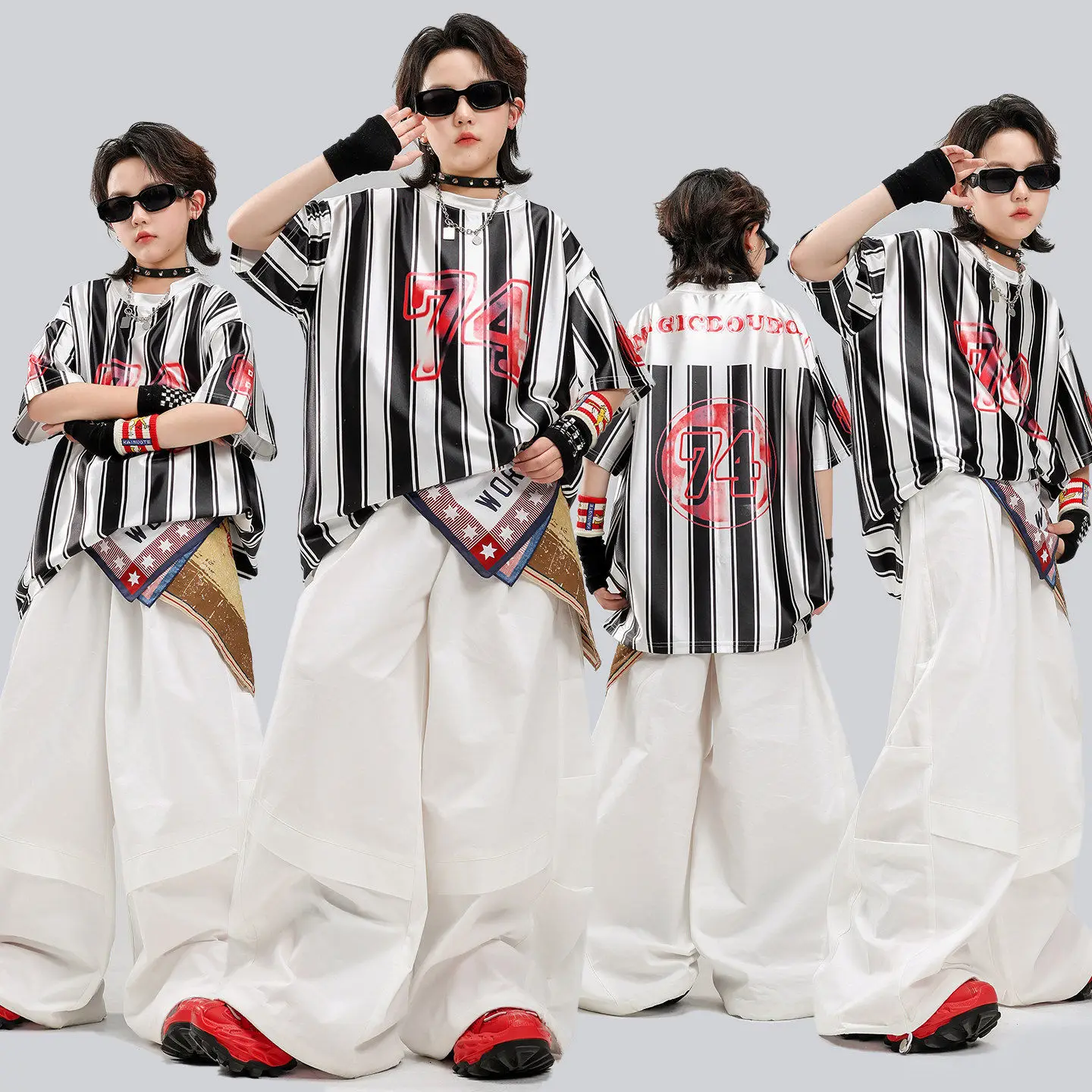 Children Boys Girls Streetwear Hip Hop Sport Stripe Short Sleeve T-shirts Pants Sets Kids Cardigan Trousers Tracksuits Costume