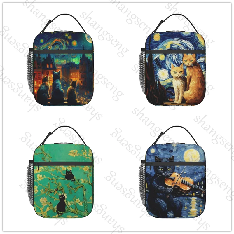 

Oil Painting Van Gogh Black Cat Lunch Bag insulated bag student thickened waterproof Bento Bags Outdoor Travel Pack Picnic Bag