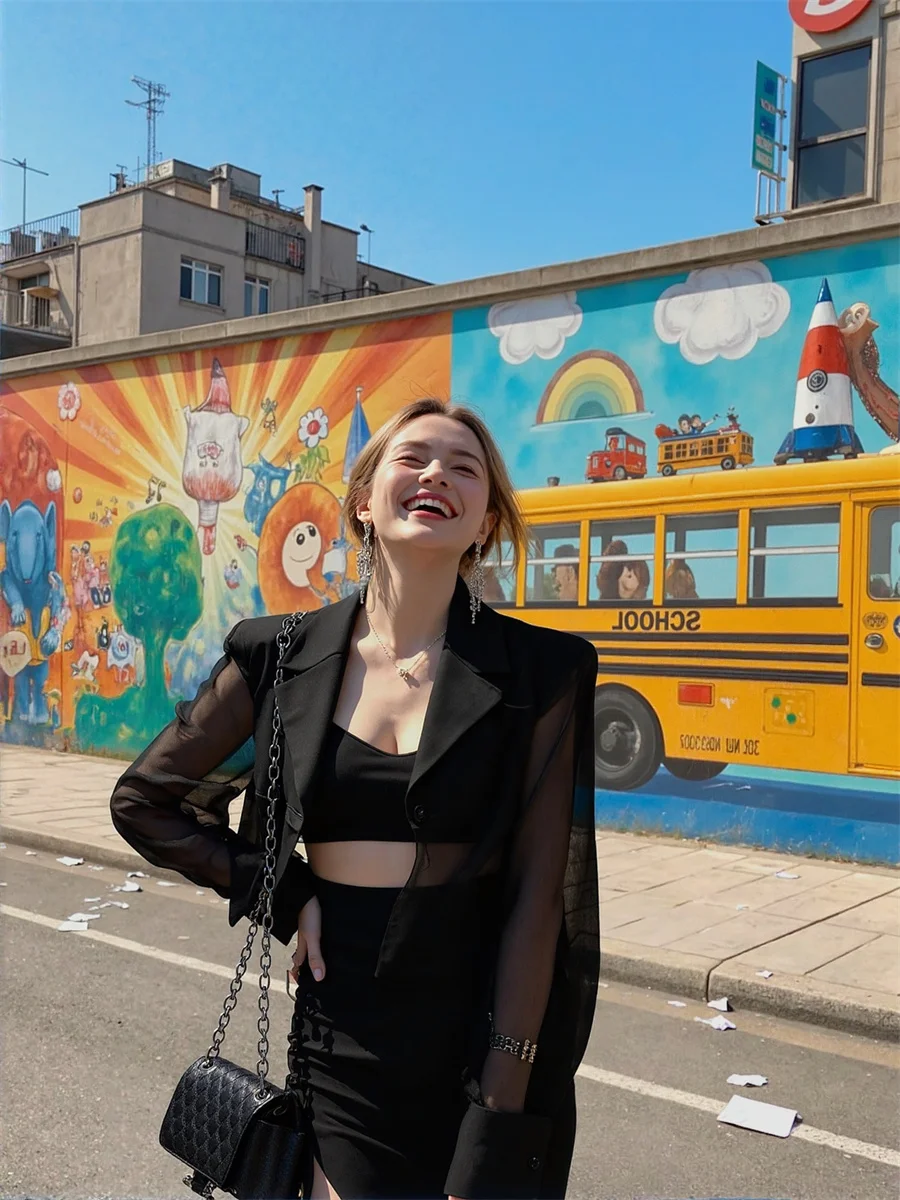 Sonnenschutz, abgeschnittene, durchsichtige Blazer mit Rückenschlitz, elegante Damenkleidung für Damen, Weben, kausal, bestickte Flares, Farbblock-Femme