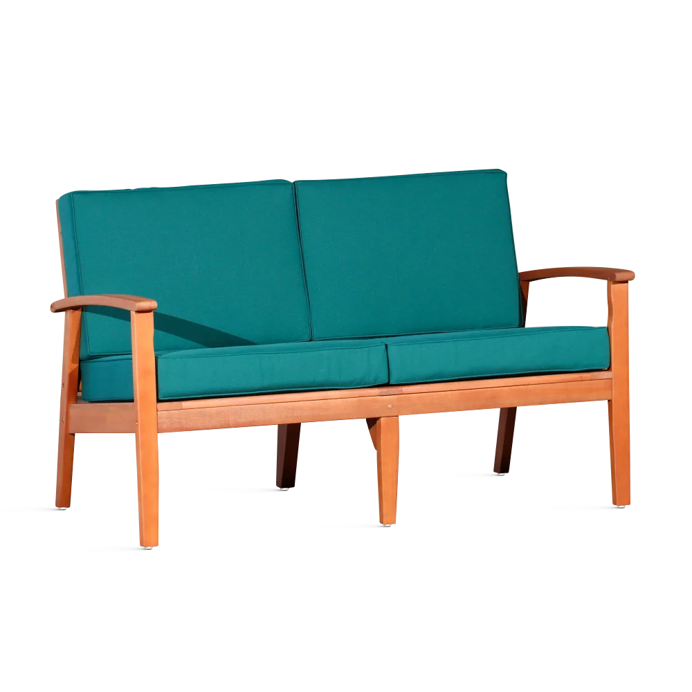 

Eucalyptus Loveseat with Cushions, Natural Oil Finish, Dark Green Cushions