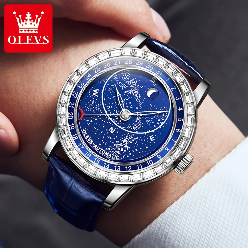 OLEVS 9923 Men\'s Watch Blue Wristwatch Moon Phase Starry Sky Design Waterproof Leather Strap Automatic Mechanical Watch for Men