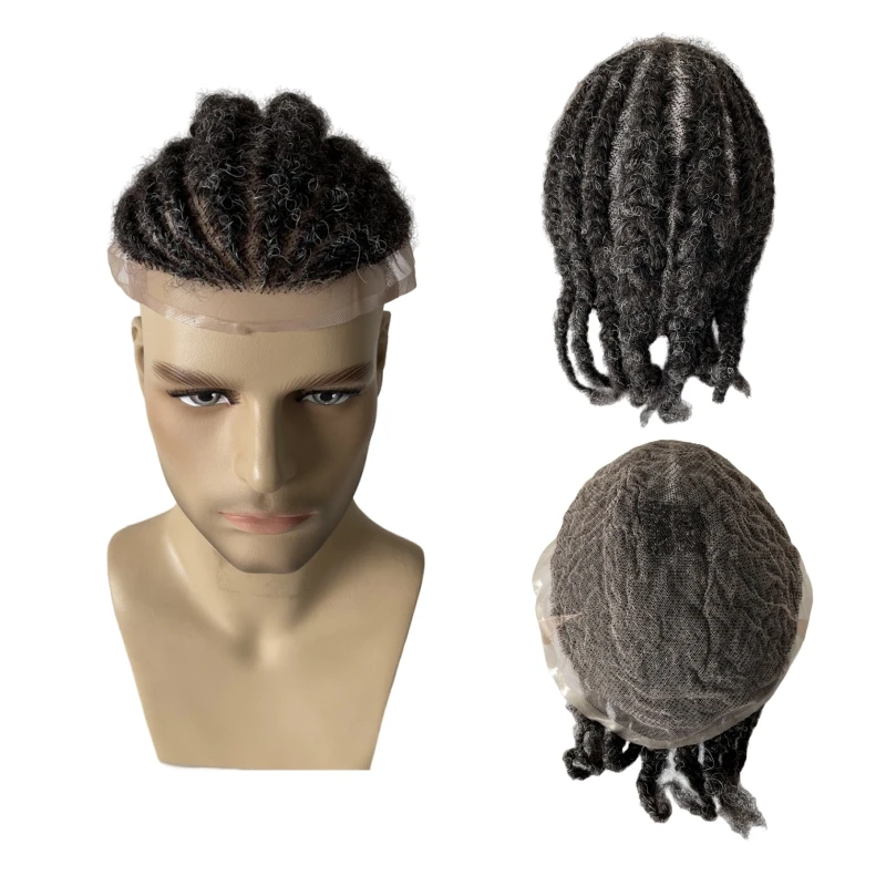 European Virgin Human Hair Replacement 1bGrey Afro Cornrow Full Lace Toupee 8x10 Male Lace Unit for Old Black Men