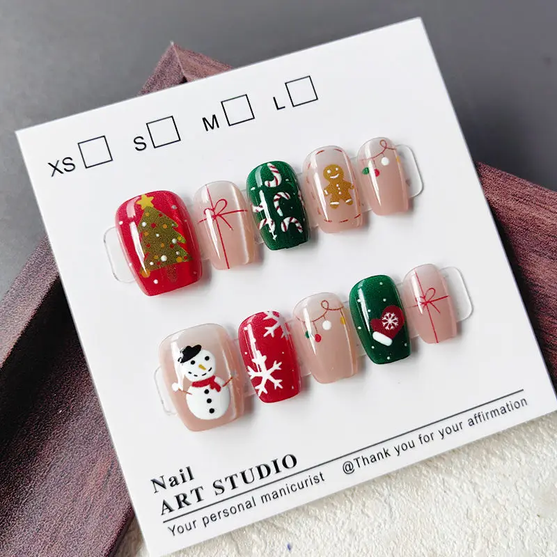 10 قطعة عيد الميلاد نصف اليدوية الصحافة على الأظافر الحلو فتاة شجرة عيد الميلاد والدب ندفة الثلج لطيف ثلج انفصال الأظافر كاذبة #2