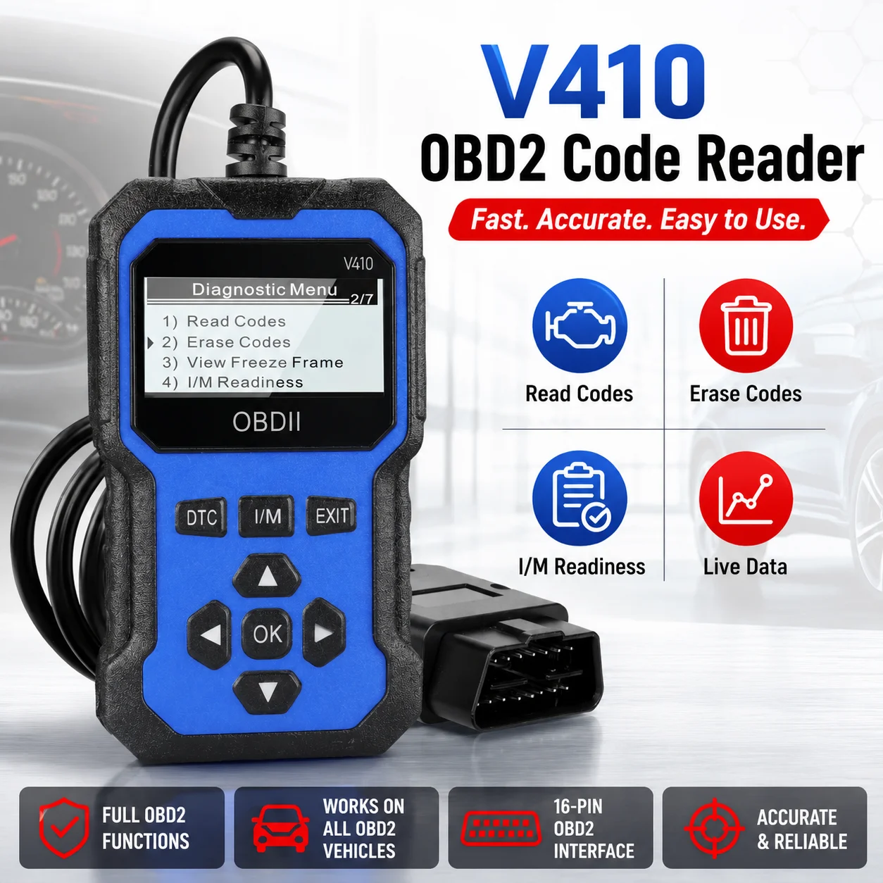Lecteur de codes OBD2 V410, scanner de diagnostic automobile, scanner complet des pannes du moteur, données en temps réel, vérification de la prêtséabilité, réinitialisation et effacement des codes, outil de diagnostic automobile, interface 16 broches pour tous les véhicules 12V de 1996 et plus récents, outil de diagnostic professionnel pour mécaniciens et réparations DIY