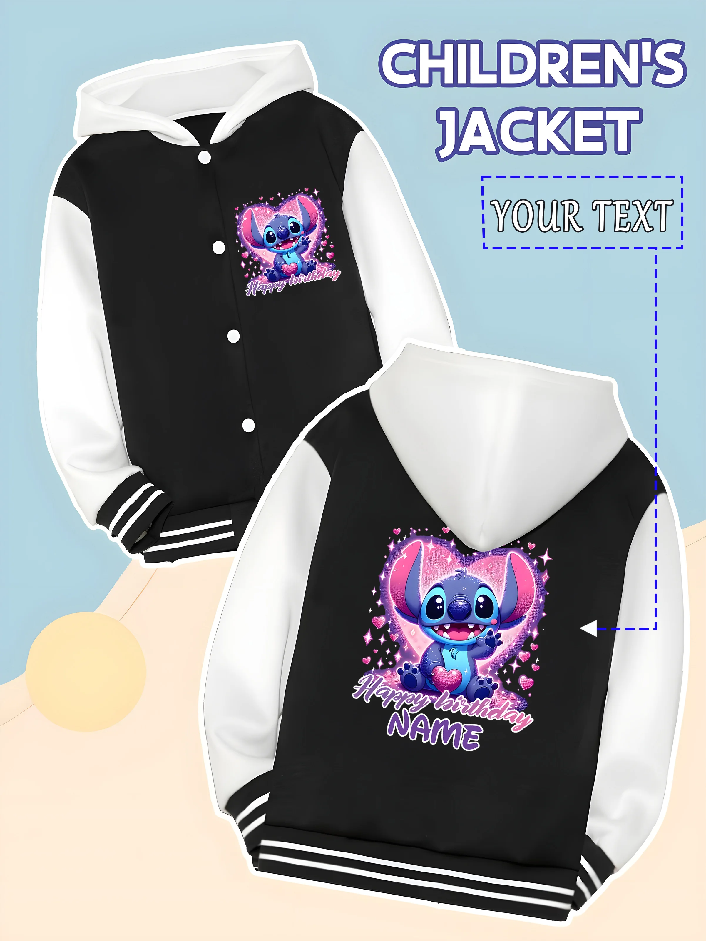 

MINISO Disney Boys Baseball Jacket - Stitch's dreamy birthday print, pink and purple hearts are super romantic, perfect for birt
