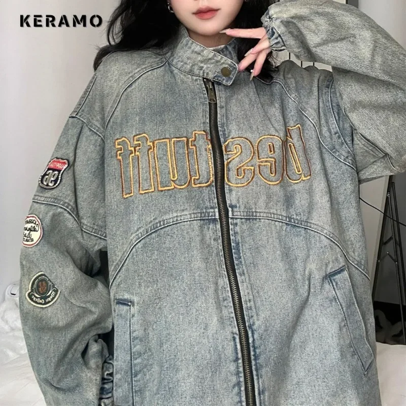 Amerikanische Retro-Stil baggy lässig blau Mode Jeans jacke Herbst Damen Applikationen Reiß verschluss Straße y2k Vintage losen Mantel