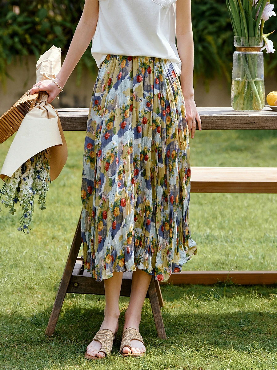 

OLrain Women's French Vacation Skirt 2025 Summer Lady Prairie Chic Floral Oil-Print Elastic Waist Pleated Midi Skirts O57XB99512