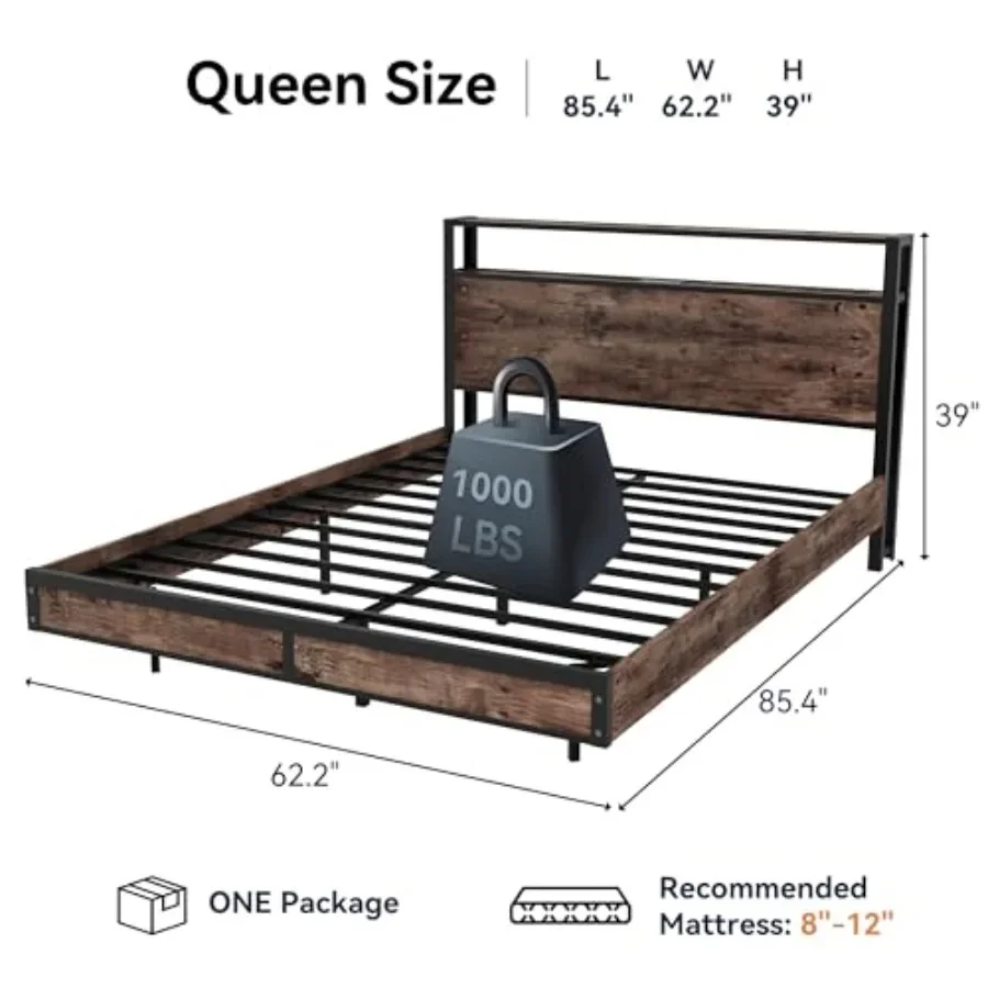 Bed Frame with Storage Headboard for Bedroom, Metal Platform Bed Frame in Rustic Brown with LED Lights and Charging Station, St