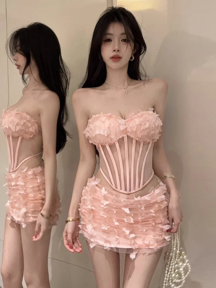 

Сексуальный облегающий комплект из топа и юбки Pure Desire с микро-прозрачным 3D-дизайном в виде цветов и узором «рыбья кость», короткий, без рукавов, для повседневной носки