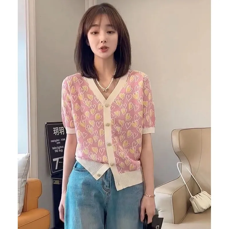 Embroidered Heart V-Neck Knitwear Women's Summer  Youth Slimming Base Ice Silk Top Color Block Ice Silk Knitted Dress