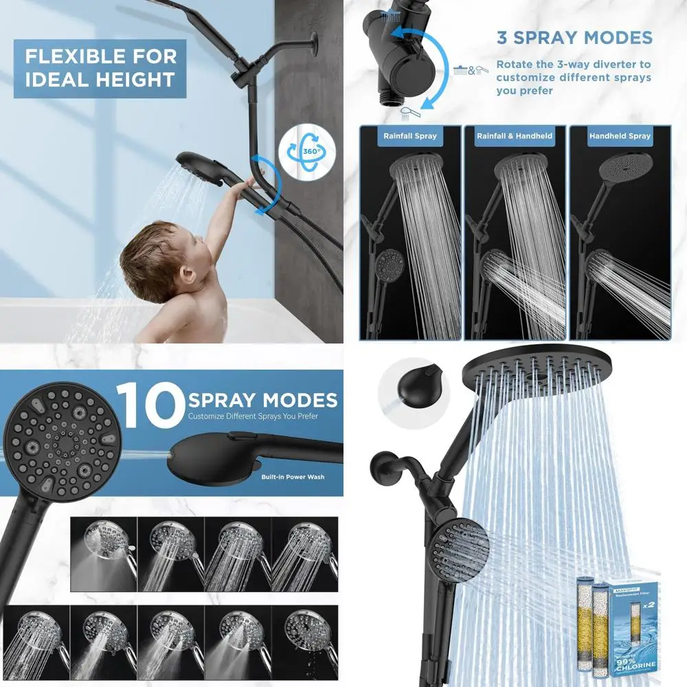 High-Pressure Handheld Shower with Adjustable Bar and Dual Filter System for Hard Water and Chlorine Removal