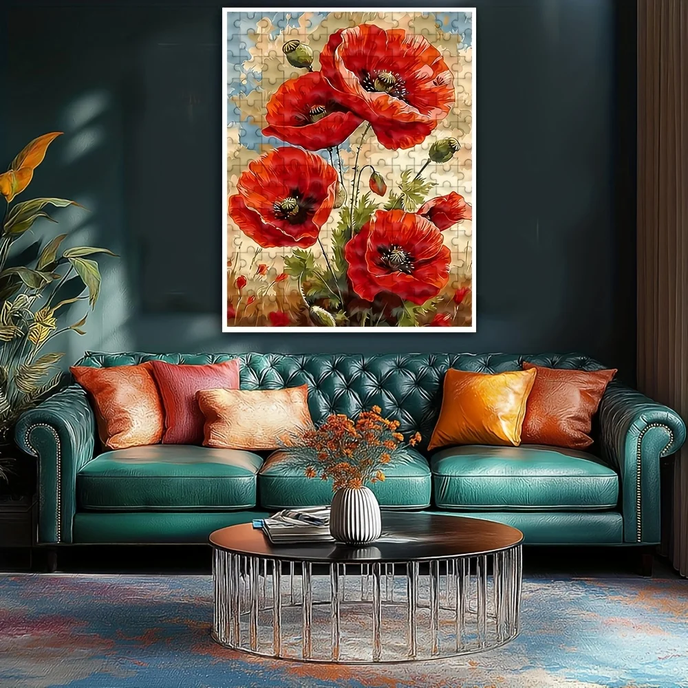 500/1000 قطعة لغز كبير للبالغين - حقل زهرة الخشخاش الأحمر والخشخاش الأبيض مع النحل، قطع تشيعة المكعب 5D/6D، #6