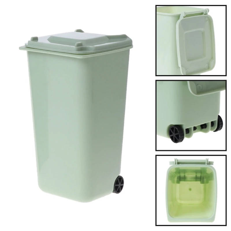 L69A Mini Wheelie Trash Can Pen Holder Storage Bin Desktop Garbage Bucket