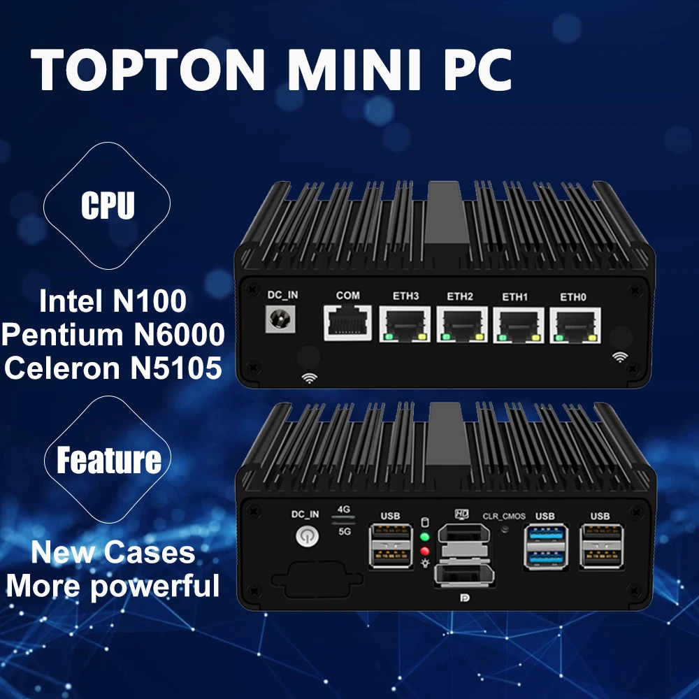 

Topton Cheap Firewall Micro Appliance 4 Port i226 2.5GbE LAN Fanless Mini PC N5105 N100 AES-NI VPN Router Openwrt Household
