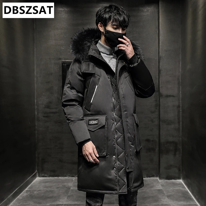 XKK 2025 Fashion Winter Coats Men Fur Collar Thicken Long Down Jacket Men Hooded Warm Loose Parkas White Duck Down Winter Coat