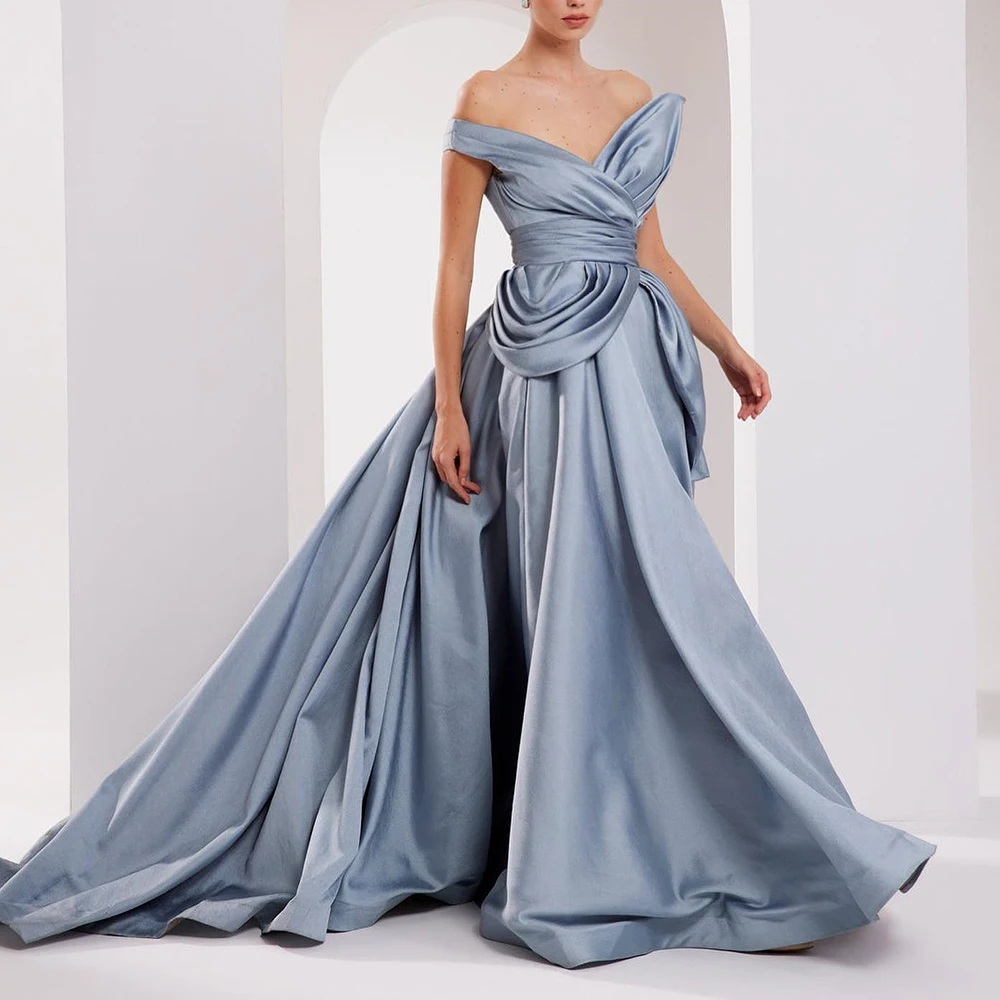 Dubai Evening Caftan Dress Off the Shoulder Pleats Floor Length Straight Satin Short Sleeves Solid Color Court Train Classic